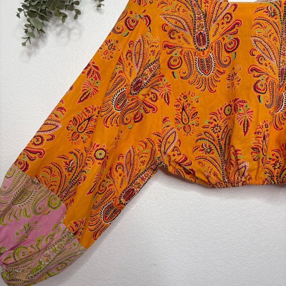 BOTEH Calla Crop Top Ochre Orange Paisley Linen Cotton Balloon Sleeve Size 1 - Picture 8 of 10